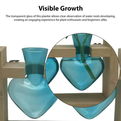 Luocute Heart Shaped Glass Vase, Plant Terrarium Propagation Station with Wooden Stand for Home Office Decor Hydroponics Garden