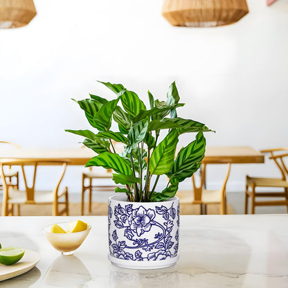Set of 2 Blue and White Ceramic Plant Pots with Drainage Hole and Saucers, Retro Blue Porcelain Flowers Round Planters for Succulent Cactus Indoor Outdoor Garden Home Desktop Decor, 4.5+5.5 Inch