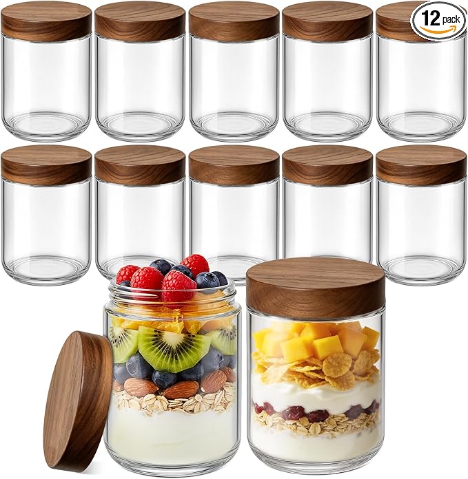 Bumobum 16 oz Overnight Oats Containers with Lids, Glass Mason Jars with Acacia Wood Airtight Lid, Wide Mouth Glass Canisters for Food Storage Chia Pudding Snacks Yogurt Spice Meal Prep, 12-Pack