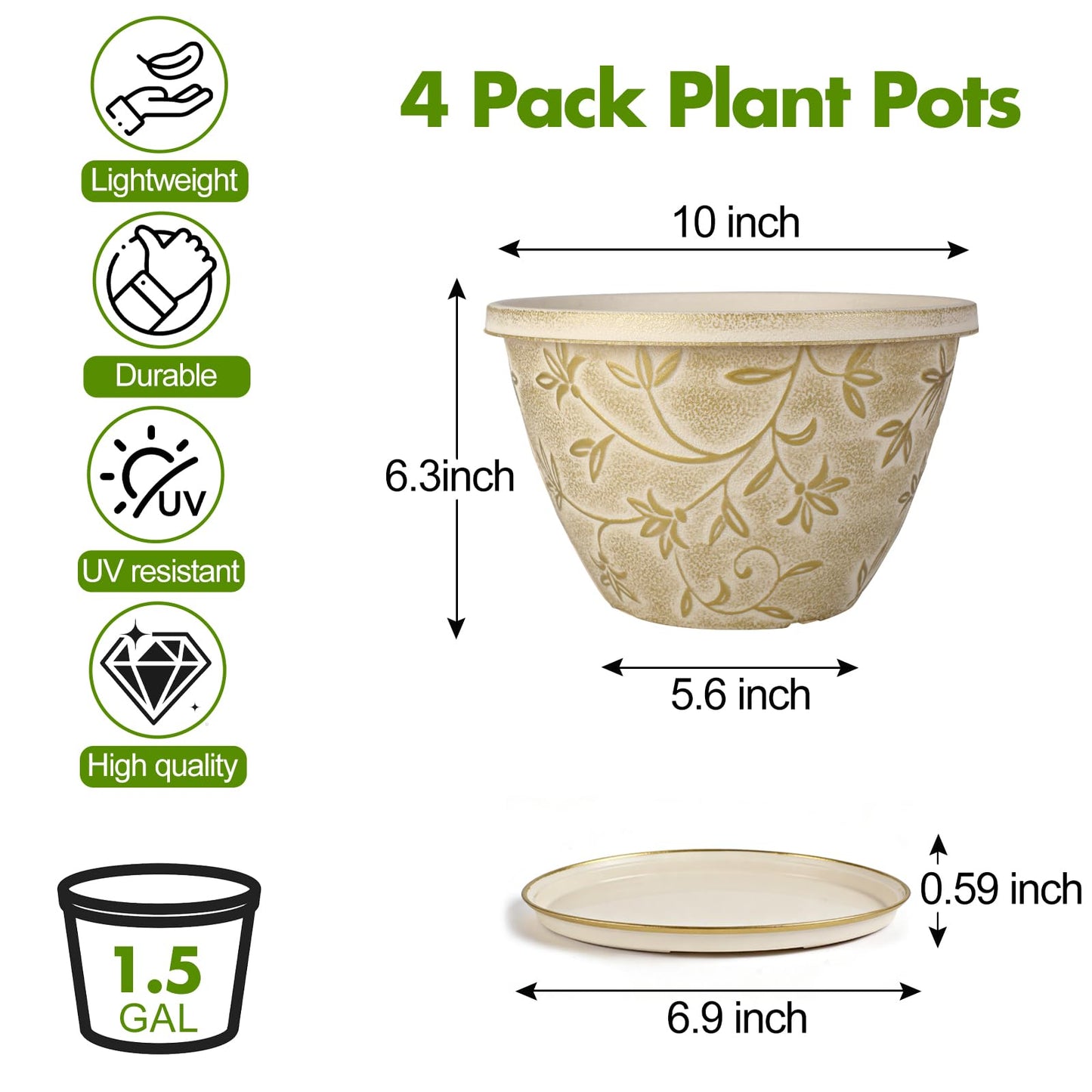 Nooulap 4 Pack 10 Inch Plant Pot with Drainage & Saucer, Plastic Flower Pots Outdoor Indoor, Beige Planters with Gold Flower Partten, for Patio, Garden Home Decor