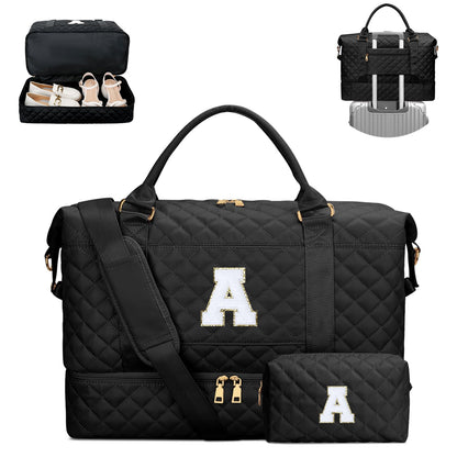 CLOUDWINGS Gifts for Women Girls Initial Travel Duffle Bag Quilted Weekender Carry-On Overnight with Cosmetic Bag, Gym Bag with Shoe Compartment, Black A