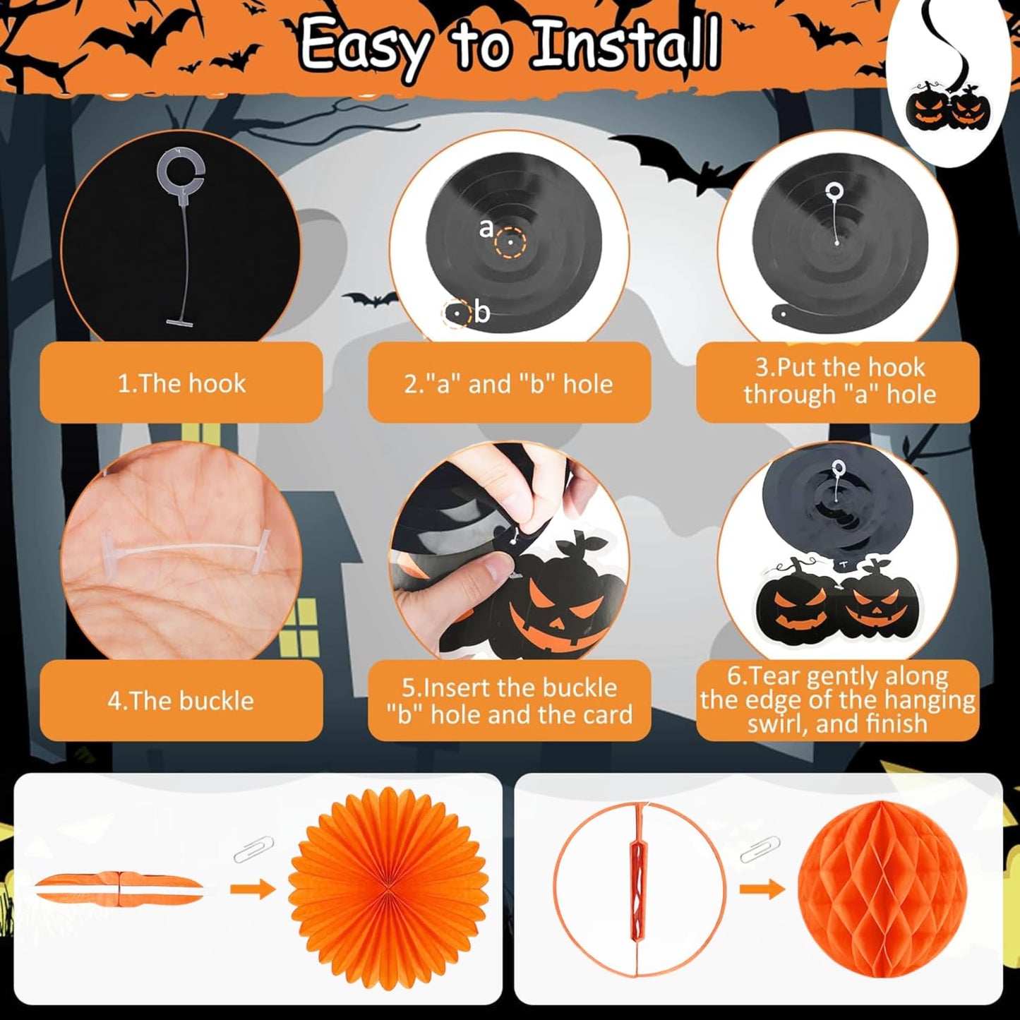 Halloween Party Decorations Indoor, Happy Halloween Banner Sign Decorations Kit with Honeycomb Ball Paper Fans Pumpkin Bat Hanging Swirls Streamers for Home Party Decor