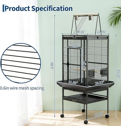69" H Extra Large Bird Cage with Play Top & Rolling Stand, Wide Metal Parrot Cage for Macaws, Parakeets, Cockatoos, Conures, Lovebirds, Includes Bowls