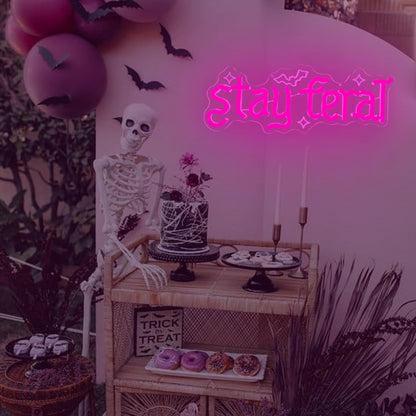 Stay Feral Neon Sign for Wall Decor Feral Led Sign Gothic Decor Dark Art Neon Light Signs Bat Light Up Sign for Bedroom Girl Goth Lover Halloween Decoration