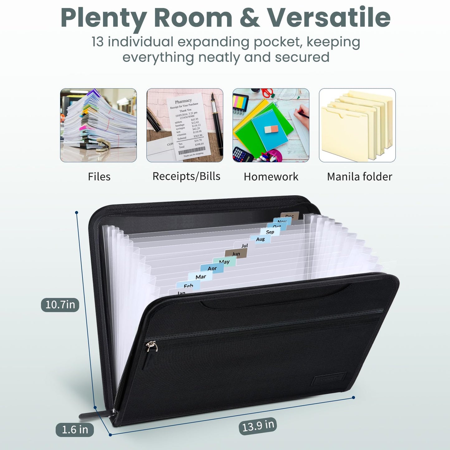 Sooez Heavy Duty Accordion File Organizer with Hidden Handle, Portable 12 Pockets Expanding File Folders, Cloth Monthly Bills Receipt Organizer for Letter/A4, School Classroom Home & Office Supplies