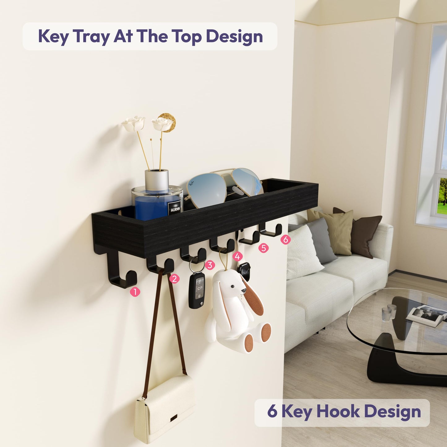 SWTYMIKI Key Holder Wall Mount - Wooden Key Hooks for Wall with Mail Organizer & 6 Hooks, 2 Installation Ways Key Hanger, Key Rack with Shelf for Entryway Living Room Bedroom Office Home Decor Black