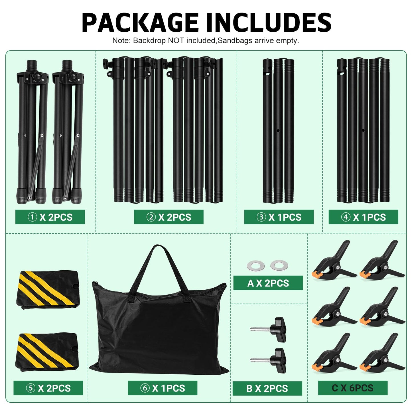 3-in-1 Adjustable Backdrop Stand 10 x 7.5 FT, Portable Photography Background Stand Kit with Carrying Bag, 6 Clamps & 2 Sandbags for Studio, Party, Video, Banner Display