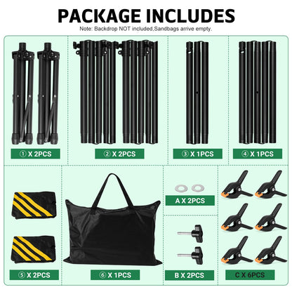 3-in-1 Adjustable Backdrop Stand 10 x 7.5 FT, Portable Photography Background Stand Kit with Carrying Bag, 6 Clamps & 2 Sandbags for Studio, Party, Video, Banner Display