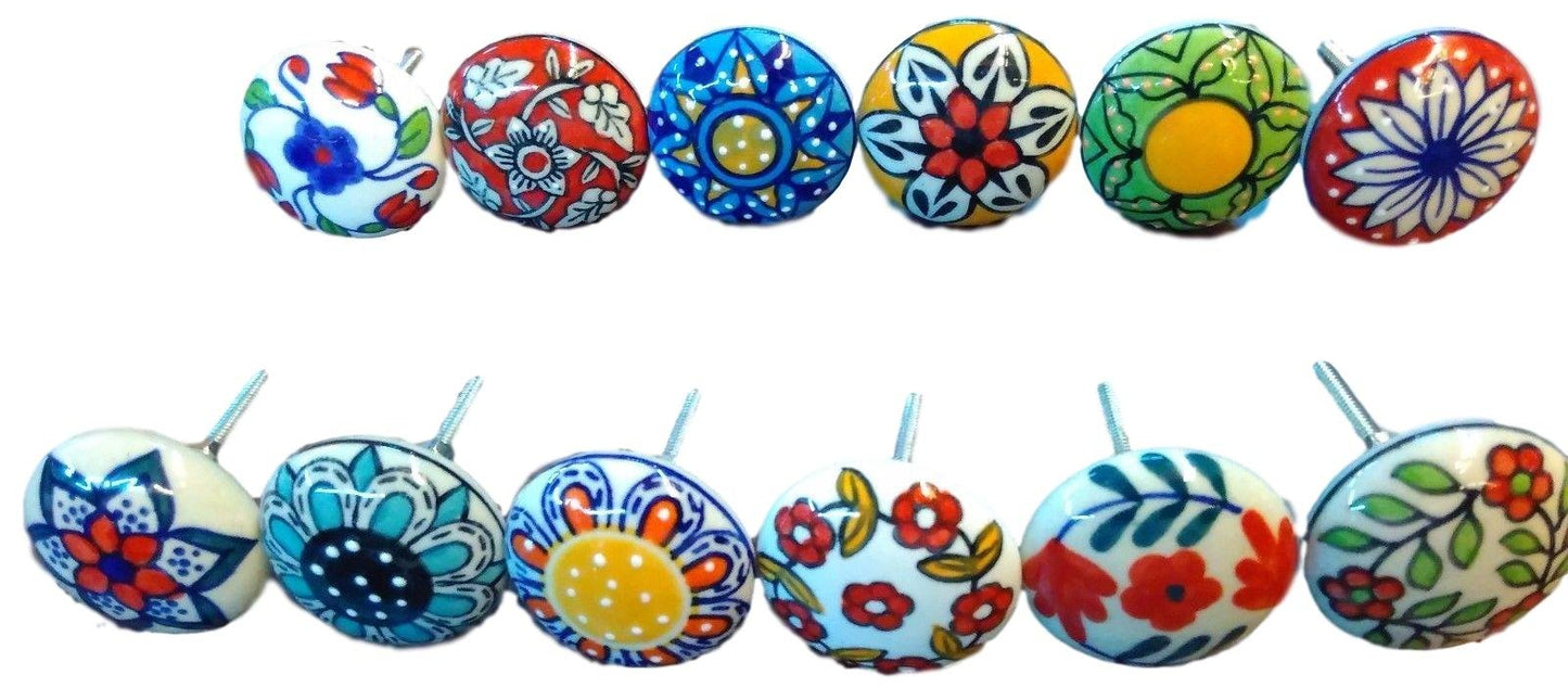 JGARTS 12 x Mix Vintage Look Flower Ceramic Knobs Door Handle Cabinet Drawer Cupboard Pull (12 Flat)