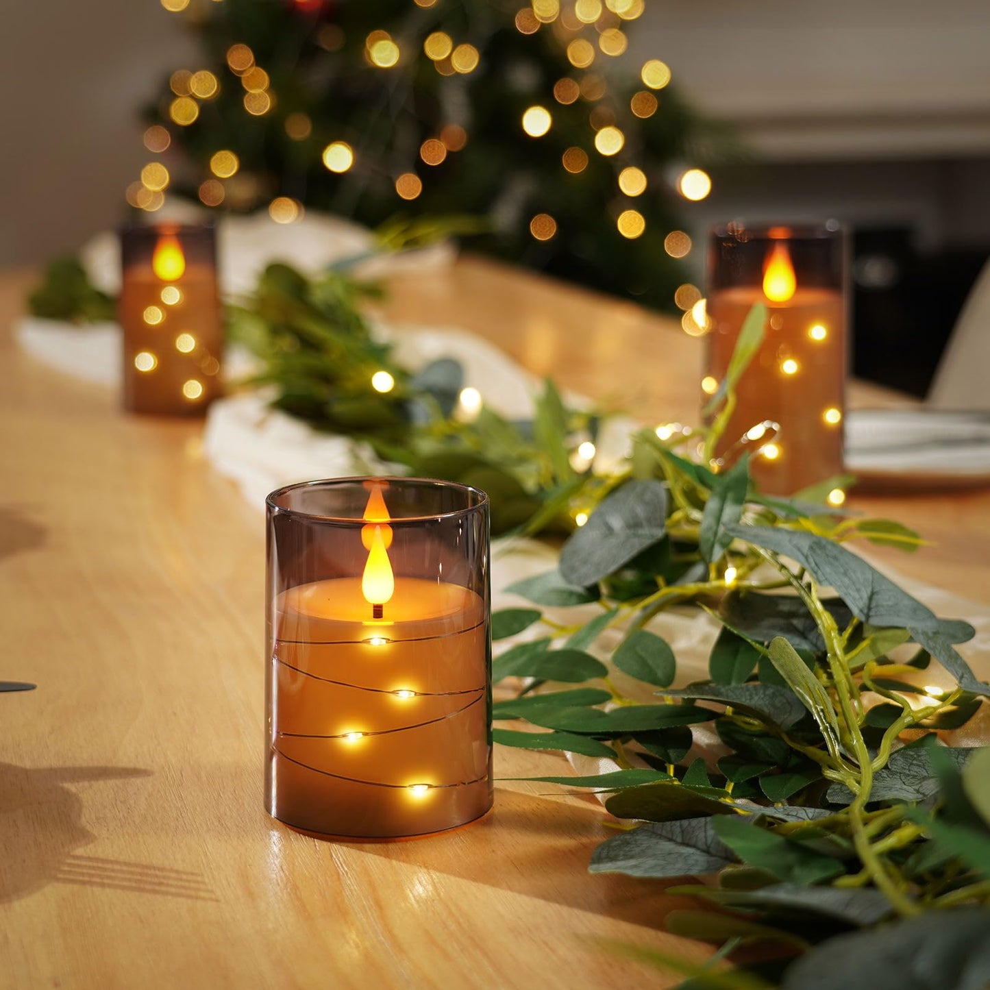Amagic Grey Flameless Candles with Remote, Flickering Battery Operated Candles with Embedded Fairy Lights, Acrylic LED Candles with Timer for Halloween Home Bohemian Decor, 3D Wick, D3 x H4 5" 6"