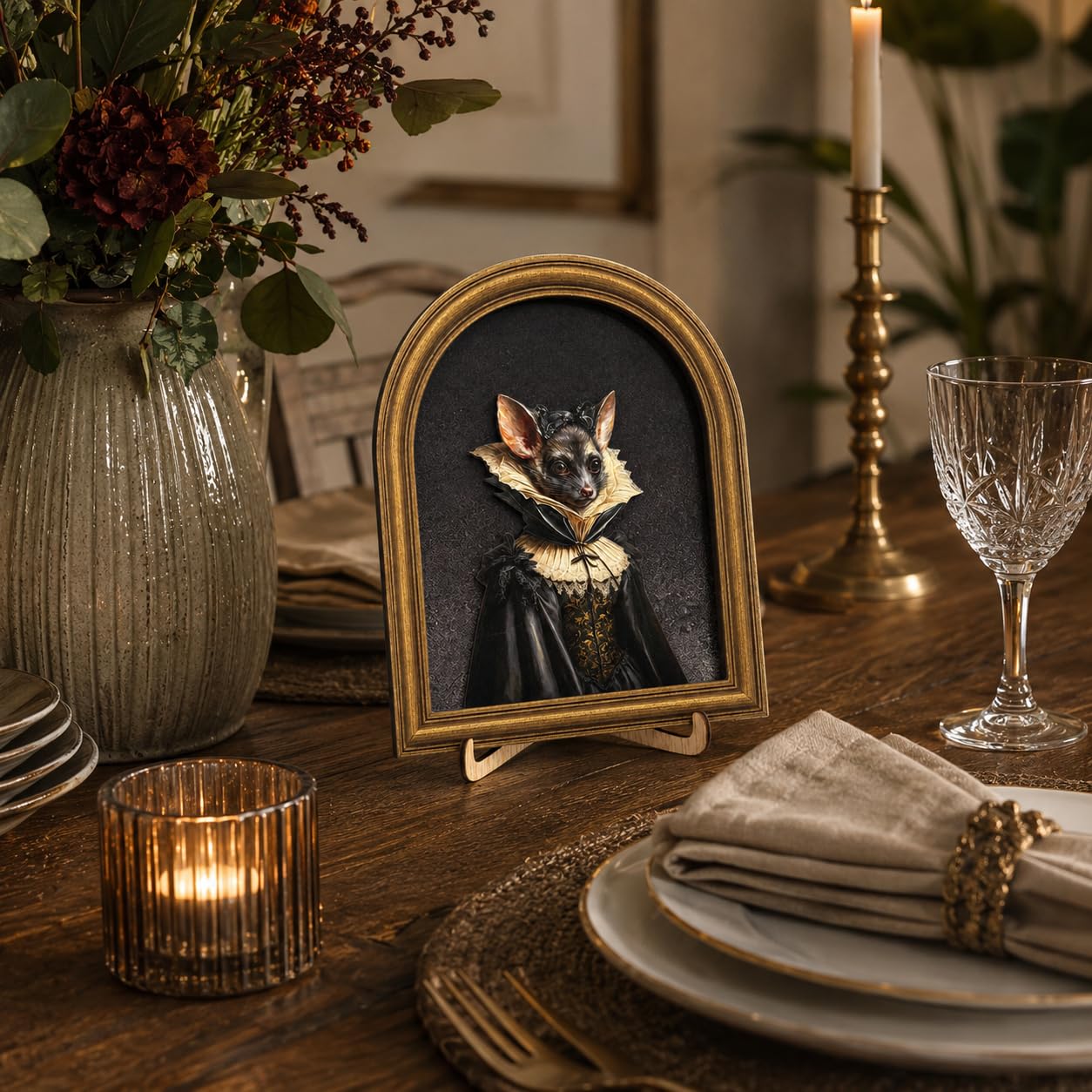 3D Gothic Bat Table Decor Painting, Dark Academia Victorian Vampire Animal Portrait Wooden Wall Art for Home Bar Desk Shelf, 8x10 Inch