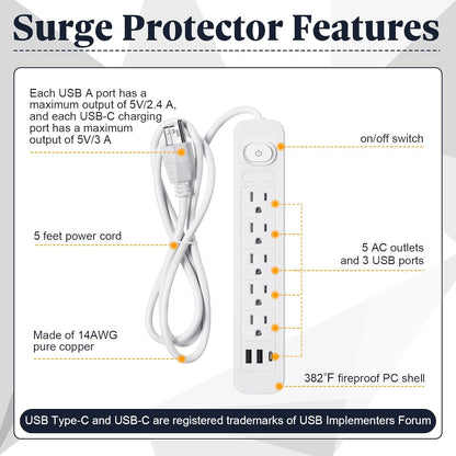 Kanayu 6 Pieces Power Strip Surge Protector with 5 Ac Outlets and 3 USB Ports, Heavy Duty Extension Cords Plug for Home Office Dorm(4.92 ft,White)