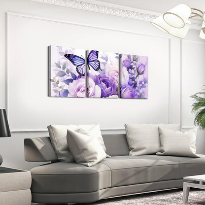 Feelyou Purple Rose 3 Piece Canvas Wall Art for Living Room Bedroom Butterfly Wall Art for Home Decor Floral Flower Office Wall Decor Romantic Theme Wall Painting