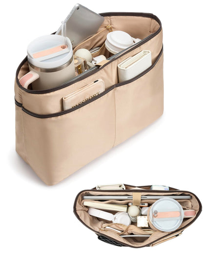 TOVICE XL Purse Organizer Insert for Tote Bag with 40oz Cup Holder & 16" Laptop Sleeve - Satin Bag Organizer with 10 Pockets, Light Weight,Compatible with Neverfull GM, XL Tote Bag Organizer Insert