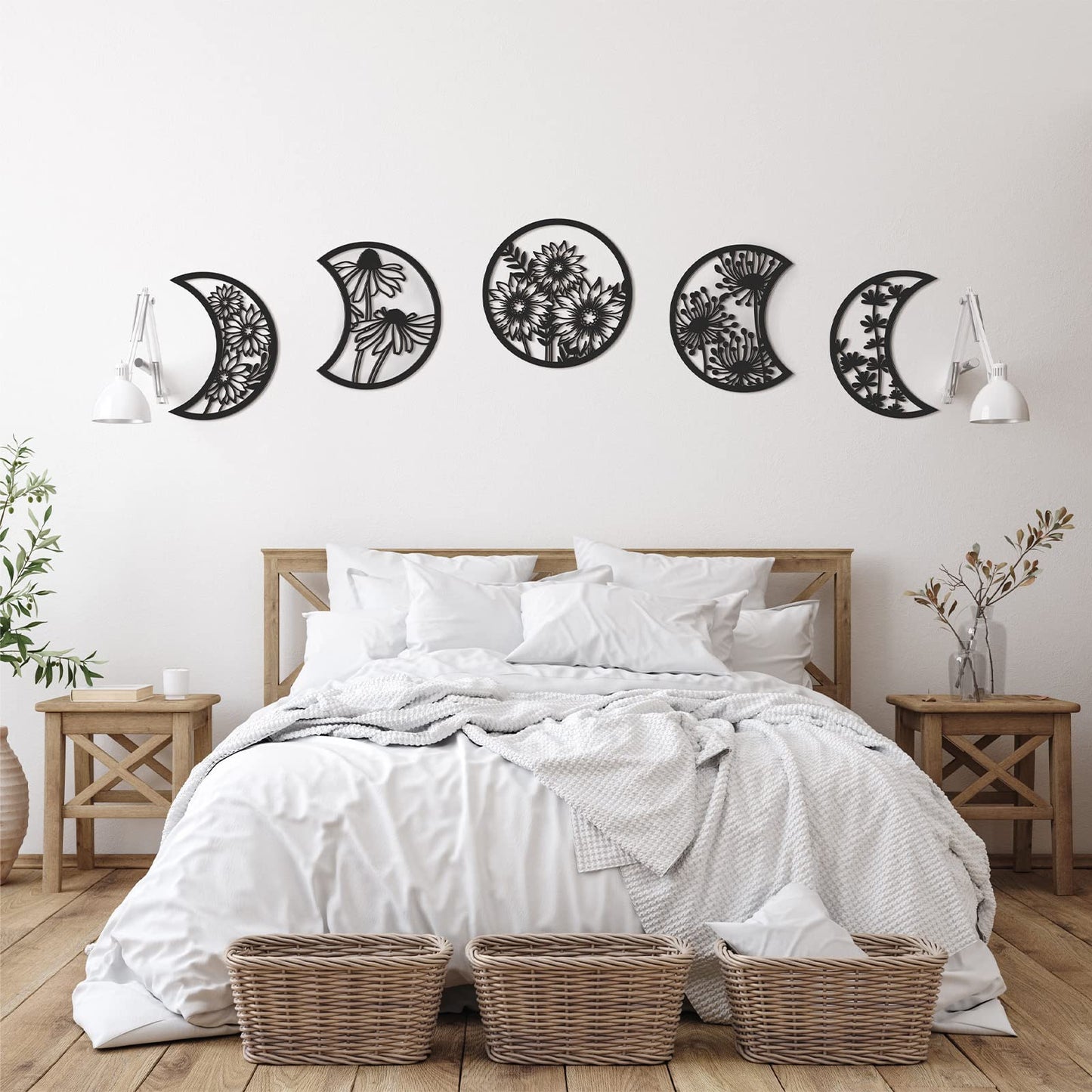 Jetec 5 Pcs Moon Phase Wall Art Decor Wall Pediments Hanging Wooden Phase Spiritual Bedroom Nordic Boho Lunar Aesthetic Art for Living Room Dorm Apartment Ornament (Black)
