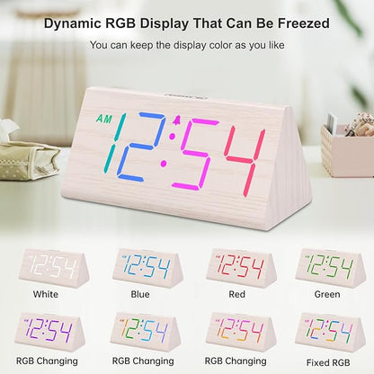 DreamSky Wooden Digital Alarm Clock for Bedroom with RGB Large Numbers | Electric Desk Clock, USB Port, Loud Alarm for Heavy Sleepers, Dimmer and Volume Control, Snooze, Wood Décor, Adapter Powered