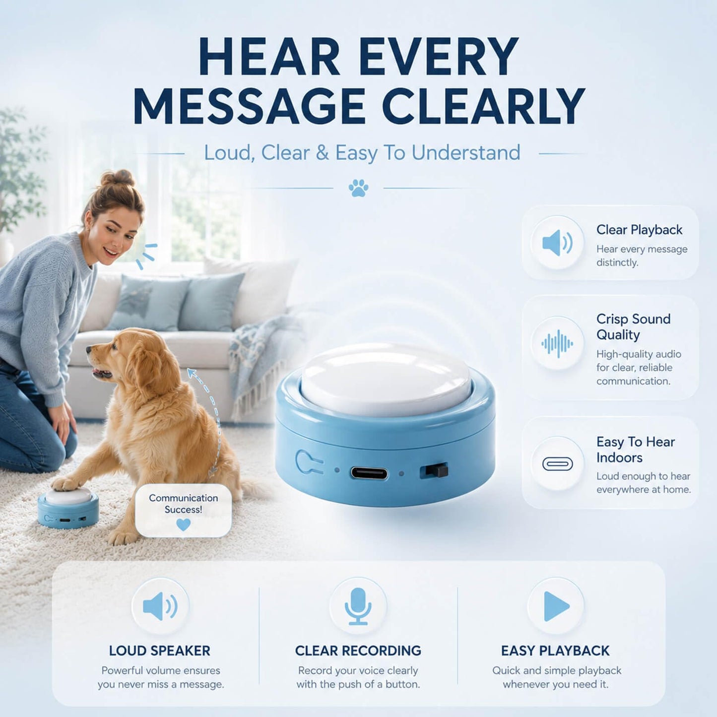Set of 4 Small Voice Recording Buttons, Loud Clear Dog Cat Recorder for Animal Communication, Blue Pet Training Talking Buzzer, Rechargeable 30s Record & Playback Starter Set for Home Office