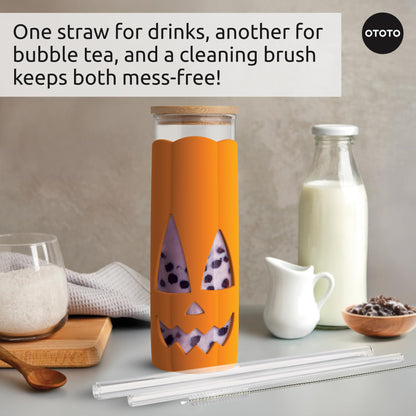 OTOTO NEW Jack-o-Cup Glass Cups with Lid and Straws - Glass Coffee Tumbler with Straws, Halloween, Goth, Witchy Gifts, Iced Coffee Cups, Glass tumbler with Bamboo Lid, 16.9oz
