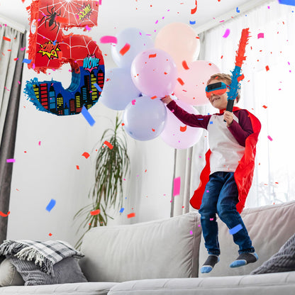 Number 5 Spider Pinata Bundle with 16 Inch Piñata Stick Blindfold Confetti for Hero Birthday Party Decoration Anniversary Celebration Gift Spider Party Favors for Kids, 16 x 11.6 x 2.4 Inch