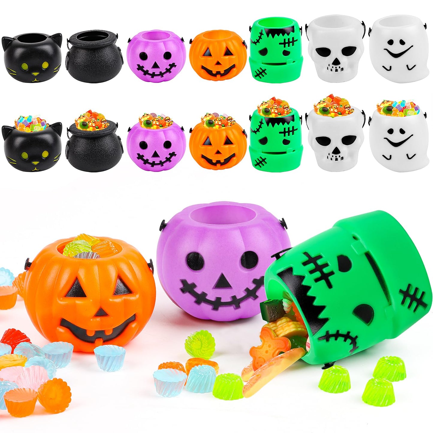 FOIMAS 14 Pack Mini Halloween Candy Cauldron,Pumpkin Ghost Candy Bucket Holder with Handles for Trick or Treat Halloween Party Favor Home Decoration Supply
