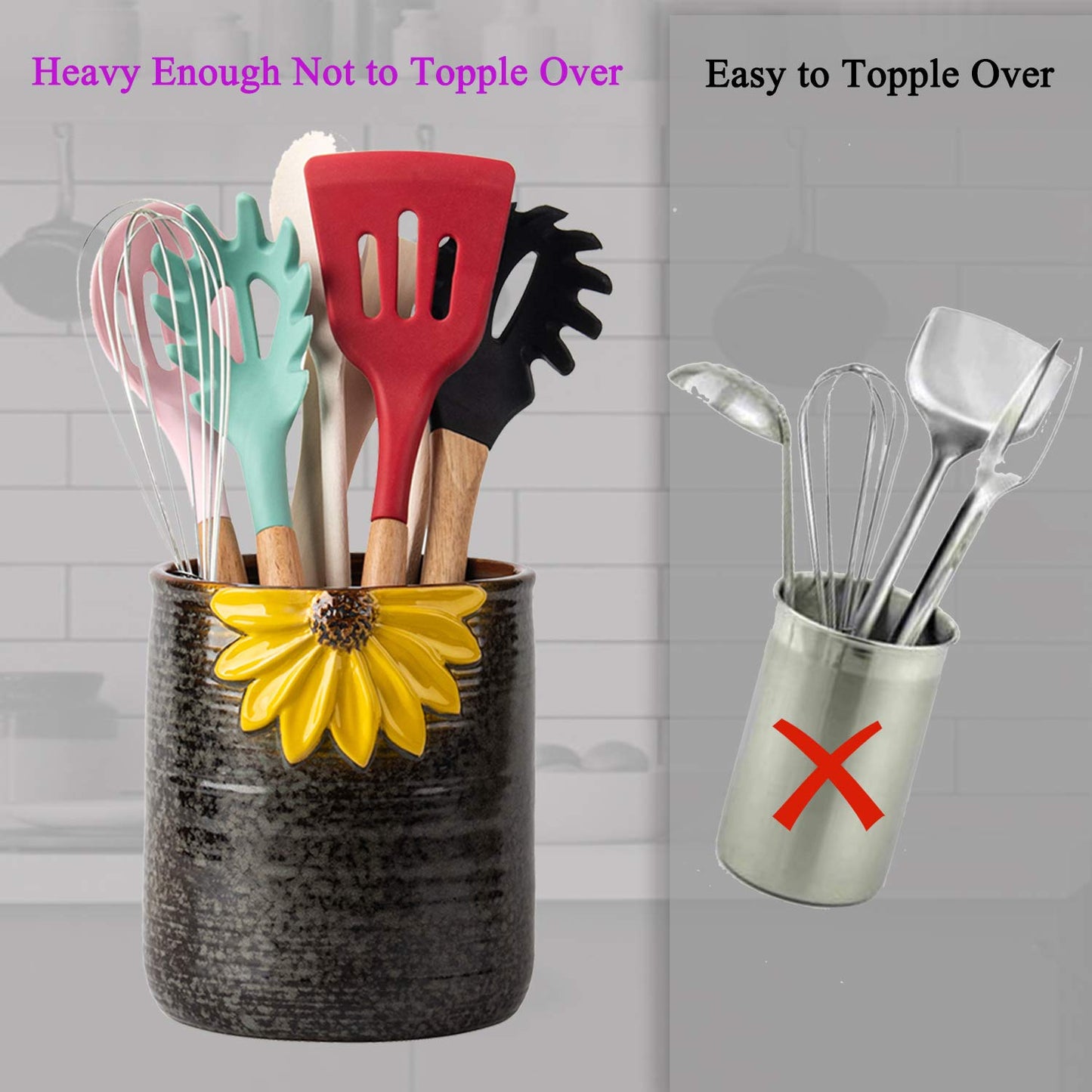 GABROC Utensil Crock, Kitchen Utensil Holder, Ceramic Utensil Holder for Countertop, Cooking Utensil Holder for Kitchen Sunflower Decor Large Kitchen Spatula Holder