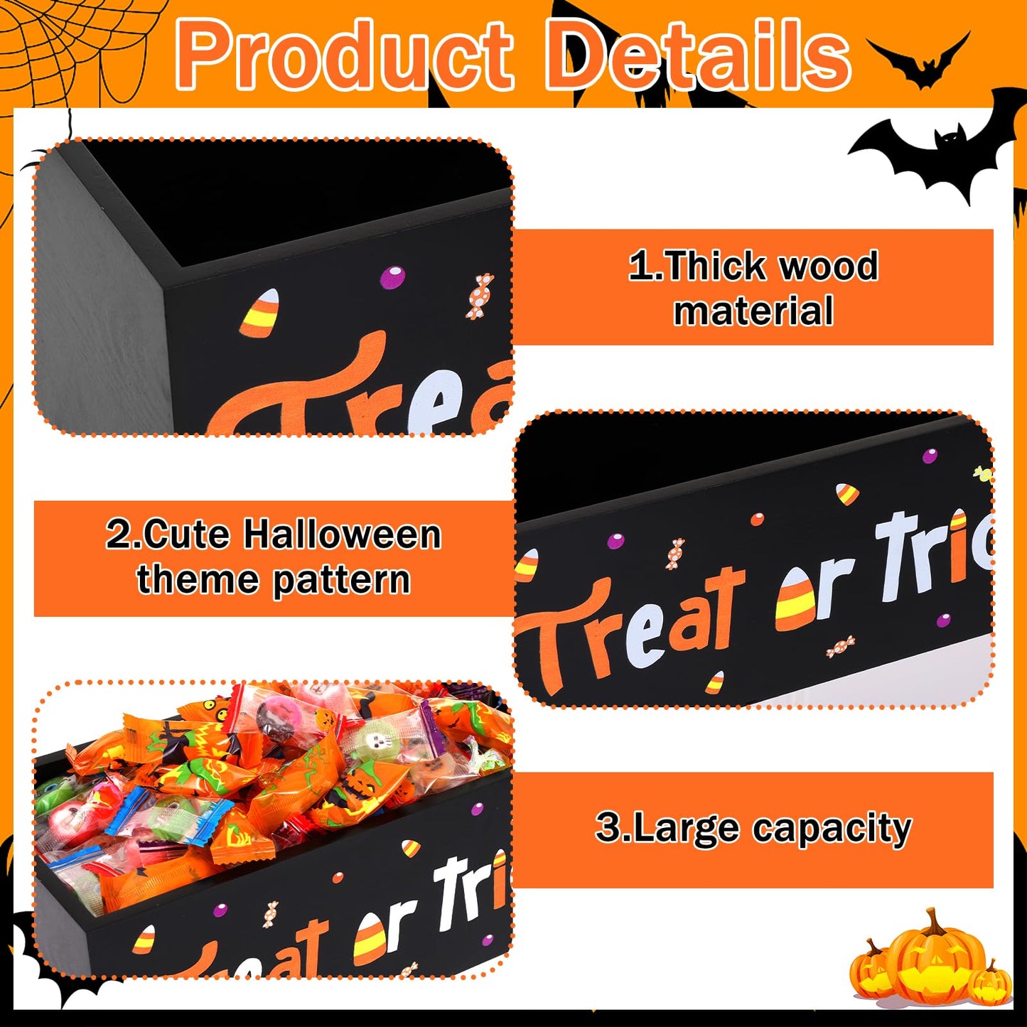 HFYZZ 2 PCS Halloween Candy Bowl Dish Trick or Treat Wooden Serving Bowl Holders Black Corn Spider Web Ghost Candy Serving Dish Tableware for Halloween Table Desk Haunted House Decoration
