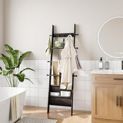 ELYKEN Blanket Ladder for Living Room, 5-Tier Wooden Towel Rack with Synthetic Leather Pocket, 4 Removable Hooks, Decorative Leaning Ladder Shelf for Bedroom, Black