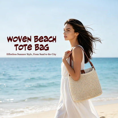 OKoriensuntek Crochet Bag Woven Tote for Women, Cotton Rope Straw Beach Bag with Adjustable Leather Shoulder Strap, Magnetic Snap Summer Bag for Everyday & Travel