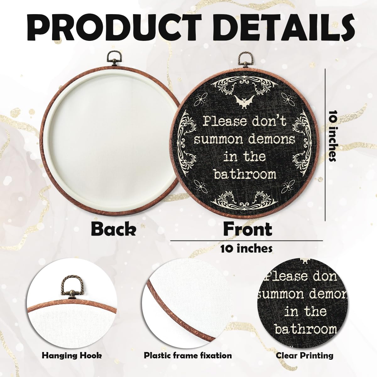 Vodbok Gothic Bathroom Wall Decor - Please Don't Summon Demons -10" Round Canvas Frame Hanging Prints - Gothic Farmhouse Home Office Guest Room Bathroom Toilet Wall Decor -A24