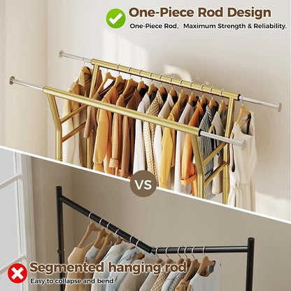 HYSEYY Heavy Duty Clothes Rack, Rolling Clothing Rack for Hanging Clothes with Shelves Load 700LBS,Portable Garment Wardrobe Closet Rack with Wheels for Bedroom,Laundry Room,Retail Store(Gold)