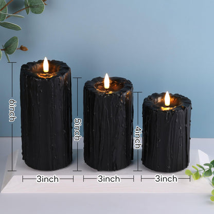 Eywamage Black Dripping Wax Flameless Pillar Candles with Remote, Flickering Halloween Battery LED Candles Set of 3