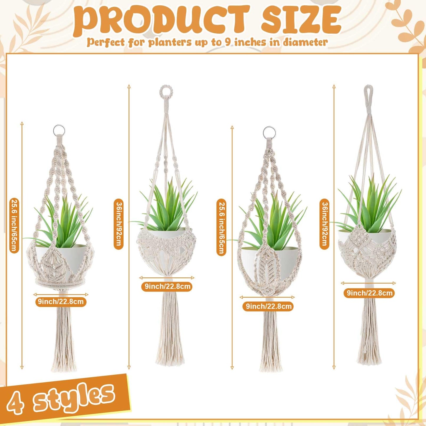 Vincreem 4 Pack Macrame Plant Hanger Hanging Planter with Patterns for up to 8 Inch Pot Indoor Outdoor Hanging Planter Basket Boho Plant Hanger Holder Decorative Flower Pot Holder for Garden Home