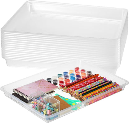 Maitys 15 Pcs Flat Plastic Trays 16.1 x 11.8'' Sensory Storage Tray Paper Stackable Classroom Bins for Office Home Organizer Arts and Crafts Supplies(Clear)
