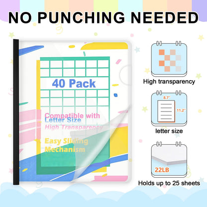 TOTiyea 40 Pack Clear Report Covers with Sliding Bars, 9mm (40 Sheet Capacity) Black Sliding Bar File Folders, for Letter Size