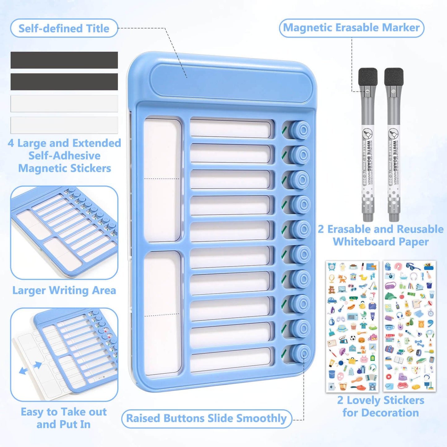 Audab 2Pcs Dry Erase Chore Chart for Kids, Magnetic Checklist Board, My Chores Slider Chart to Do List Board, Routine Reward Chart Schedule Board Task Tracker for Home Refrigerator, Wall, Desk (Blue)