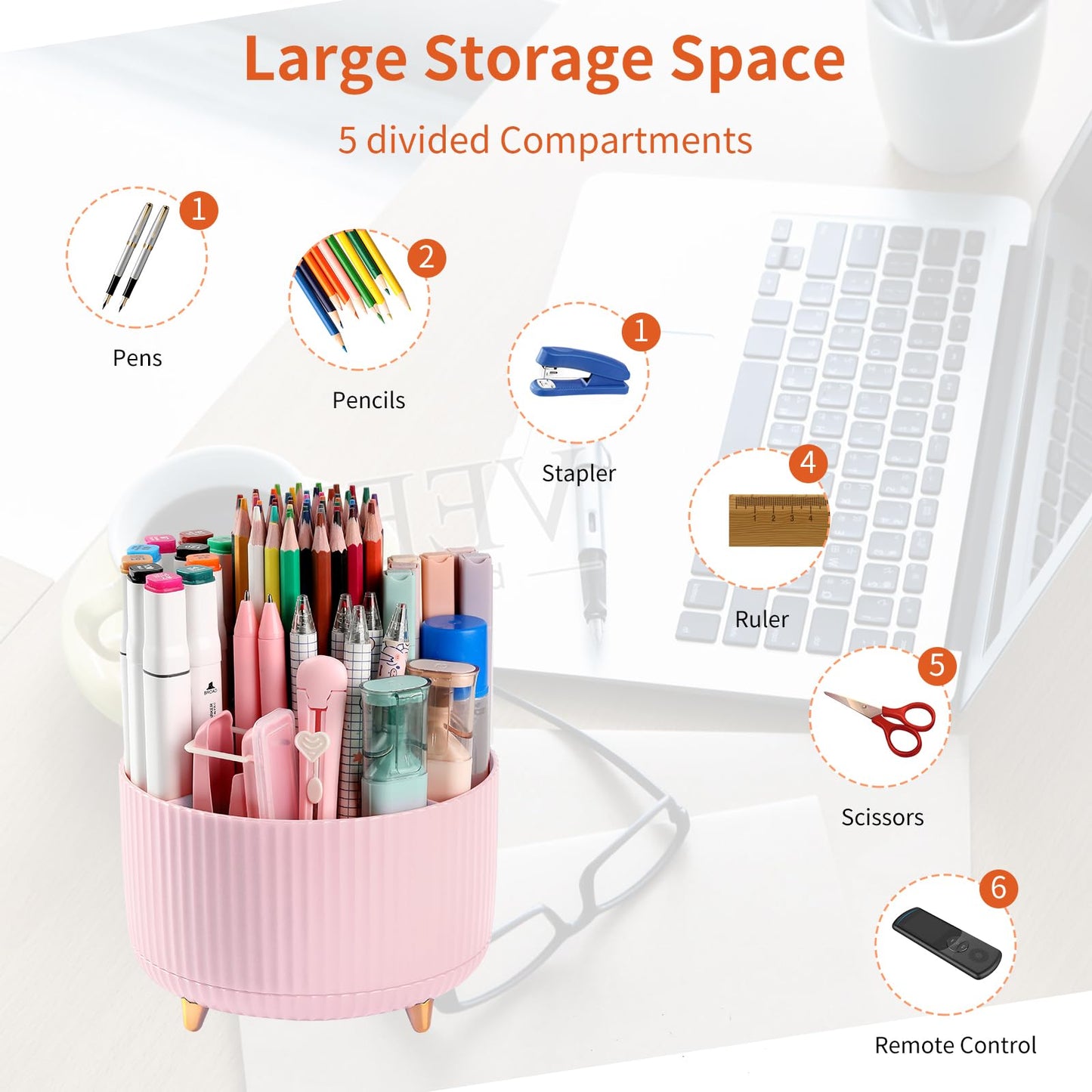 EDENMS Desk Pencil Pen Holder, 5 Slots 360°Degree Rotating Organizers for Desk, Desktop Storage Stationery Supplies Organizer, Cute Cup Pot Office, School, Home, Art Supply, Pink