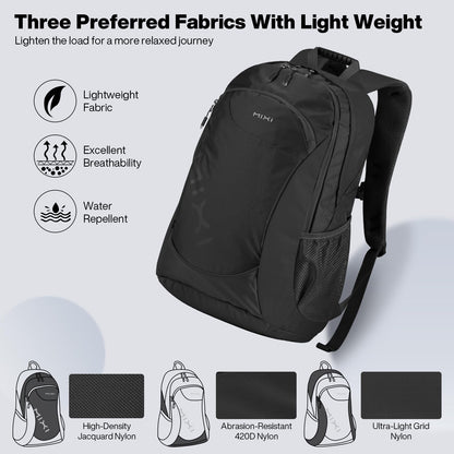 mixi 31L Ultra Lightweight Waterproof Travel Backpack, 18 inch Casual Daypack for Men Women, Durable Spacious Bag for Travel, Sports, Camping, Hiking & College, Black