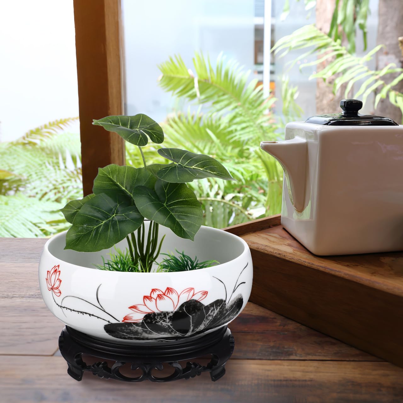 Toddmomy Hydroponic Ceramic Planter Pot with Base 7.08 Inch Round Water Lily Lotus Bowl for Indoor Outdoor Garden Decor Suitable for Water Plant Growth