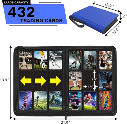 9-Pocket Card Binder - Holds 432 Trading Cards, 24 Side Loading Pages, Premium Zippered Card Album Folder Compatible with Penny Sleeves for Baseball Cards, TCG, and Game Card Storage & Display (Blue)