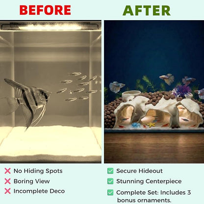 Large Aquarium Tunnel & Cave (9.5" L), 3D Printed Substrate Viewer Fish Hideout with Wide Top Entrances, Tank Decor for Small Fish, Corydoras, Betta & Shrimp - Set with 3 Mini Accessories(Black)