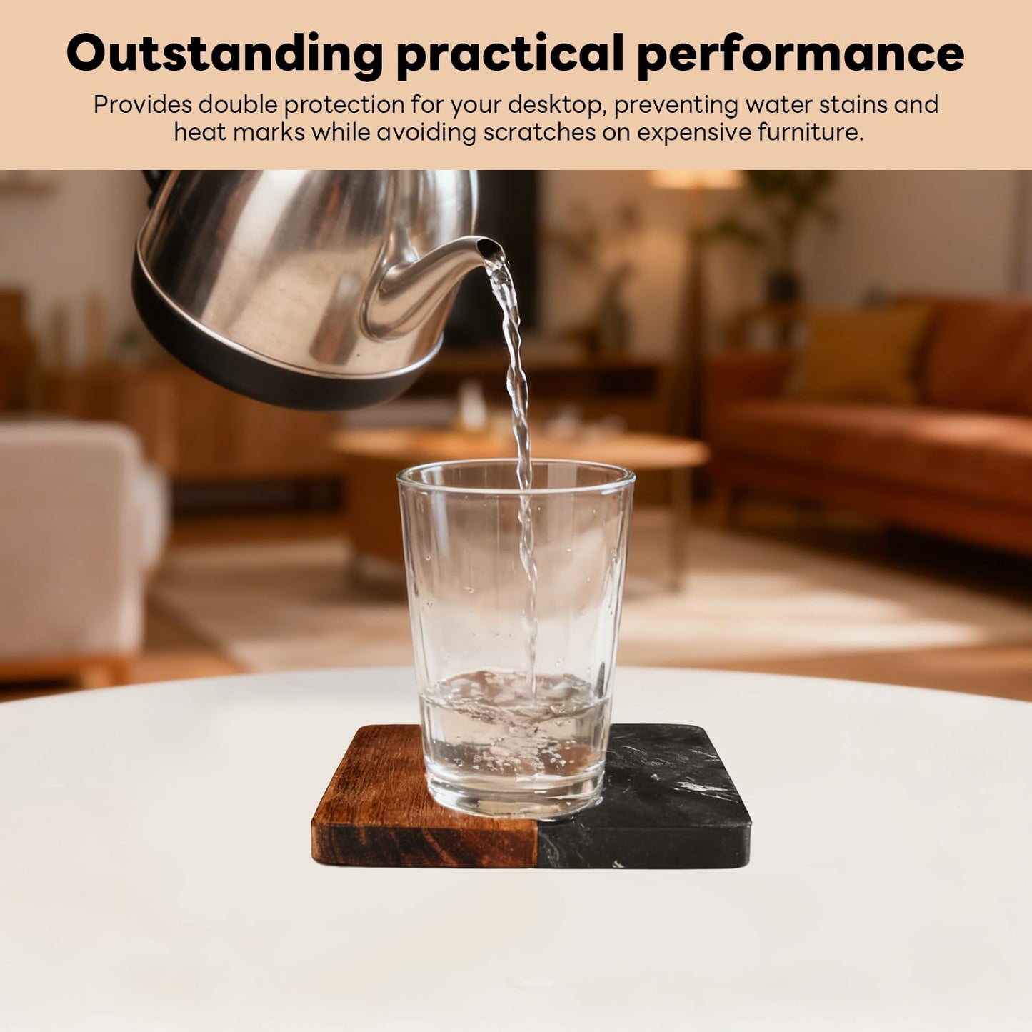 Marble Coasters: 4-Piece Set of Acacia Wood Marble Coasters, Suitable for Kitchens and Offices, can be Used as Gifts (Black Square)