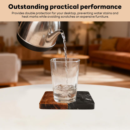 Marble Coasters: 4-Piece Set of Acacia Wood Marble Coasters, Suitable for Kitchens and Offices, can be Used as Gifts (Black Square)