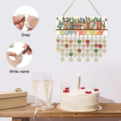 CHDITB Happy Birthday Wooden Reminder Calendar Board, Inspirational DIY Birthday Anniversary Board, Book Floral Birth Tracker Celebrations Hanging Plaque for Classroom Kids Room Decor 15.4''x 6.5''