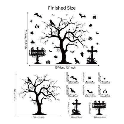 Halloween Spooky Wall Decals Black Tree Branch Wall Sticker Gothic Crow Bats Spider Horror Pumpkin Wall Decor Black Skull Halloween Festival Decoration for Holiday Home Party Classroom Office