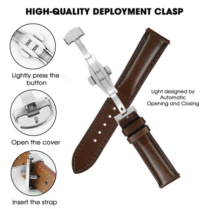 20mm Dark Brown Leather Watch Band Deployment Clasp Quick Release Handmade Leather Strap Butterfly Buckle Replacement Wristband for Men, Christmas Fathers Day Gift for Dad Son Husband DH-203D-S-20MM