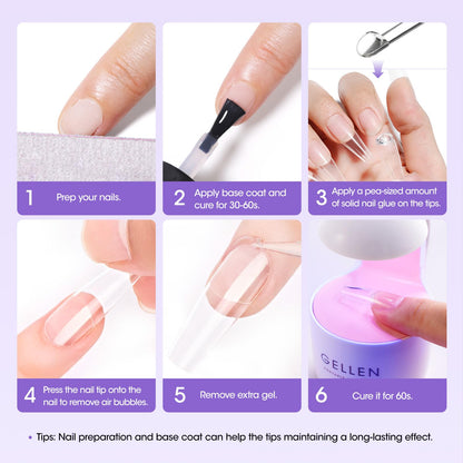 Gellen Gel Tips Nail Extension Kit, Gel Nail Kit with 240Pcs Almond Tips, 3 in 1 UV Glue for Nail Tips, Prep Dehydrator and Primer, U V LED Cure Lamp, Decorations for DIY Manicure Set