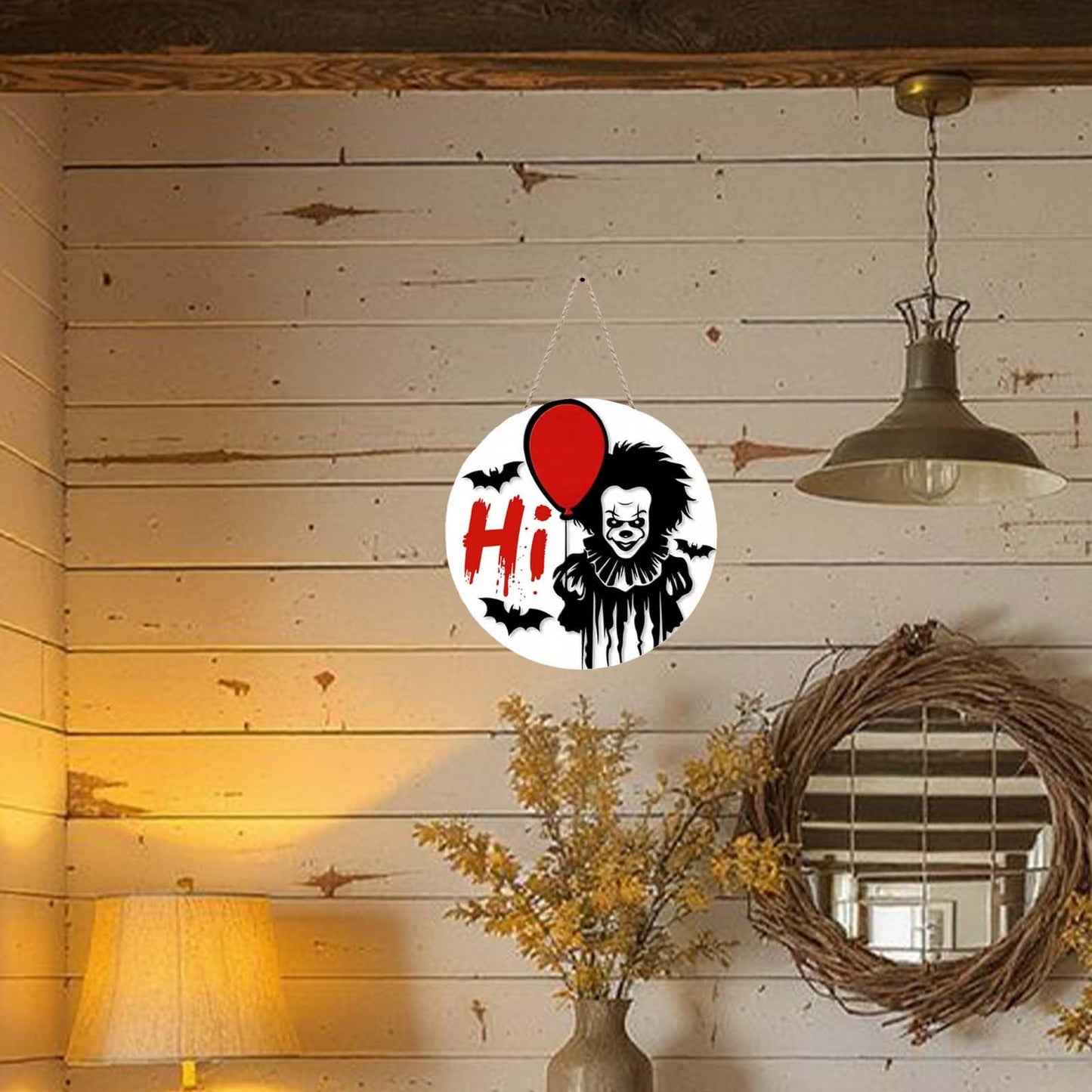 Halloween Welcome Sign Halloween Horror Characters Wooden Door Hanger Funny Window Wall Decor 12×12in