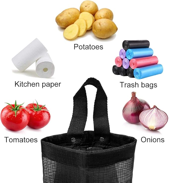 2 Pcs Plastic Bag Holder Trash Bags Storage Dispenser Organizer for Home Kitchen Mesh Hanging Storage Dispensers Recycling Garbage Folding Hanging Storage Bag Grocery Bags Holder with 2 Hooks (Black)