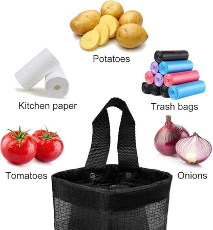 2 Pcs Plastic Bag Holder Trash Bags Storage Dispenser Organizer for Home Kitchen Mesh Hanging Storage Dispensers Recycling Garbage Folding Hanging Storage Bag Grocery Bags Holder with 2 Hooks (Black)