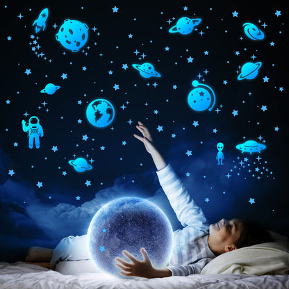 Glow in The Dark Stars for Ceiling, Solar System Wall Stickers for Kids, Planet Wall Decals, Glowing Stars, Space Decor for Boys Room, Galaxy Astronaut Rocket Spacecraft Alien Decoration (Blue)